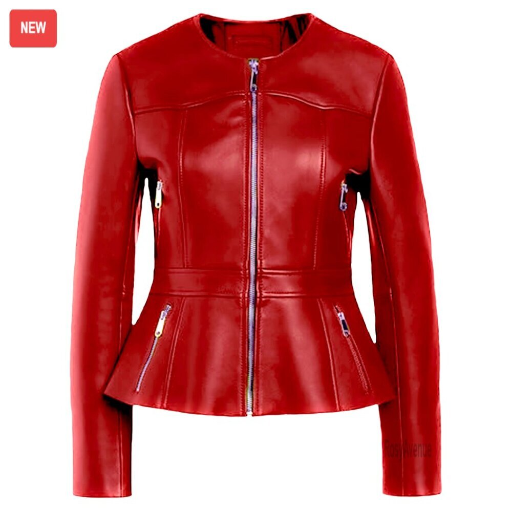 Lambskin Peplum Leather Jacket Collarless Moto Style Genuine Leather